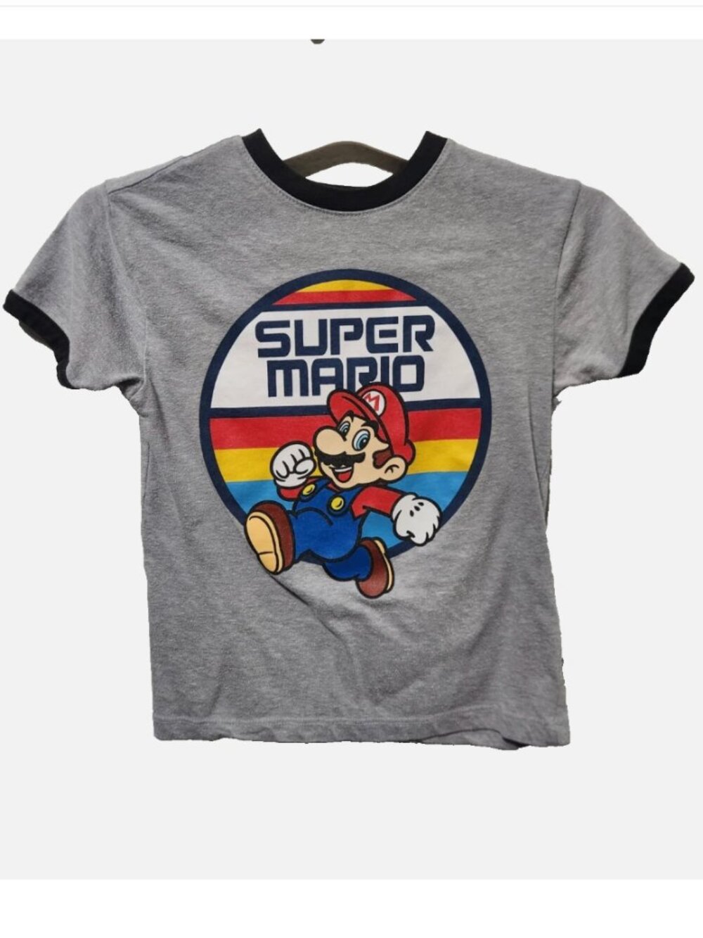 Super Mario Graphic Ringer Shirt Dark Heather Boy's XS Good Condition